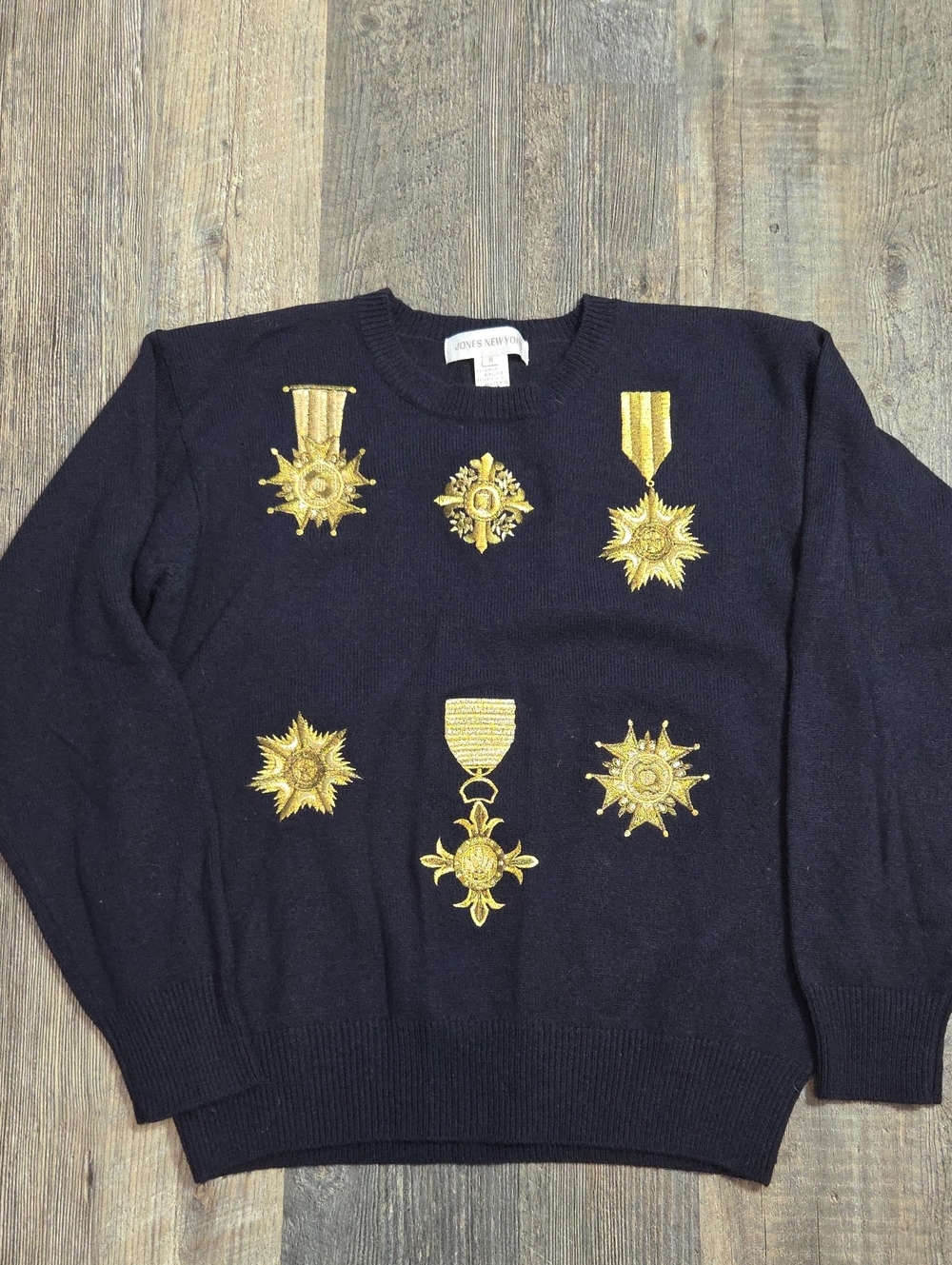 Vintage Jones New York Navy Crewneck Sweater with Gold Embroidered Medals